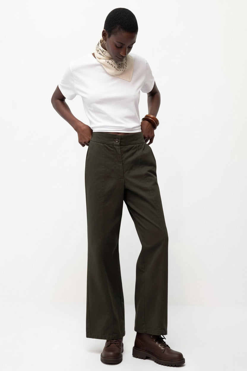 Wide-Leg Cotton Trousers in Dark Olive