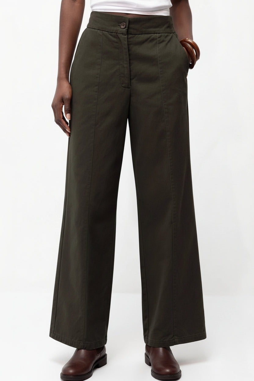 Wide-Leg Cotton Trousers in Dark Olive