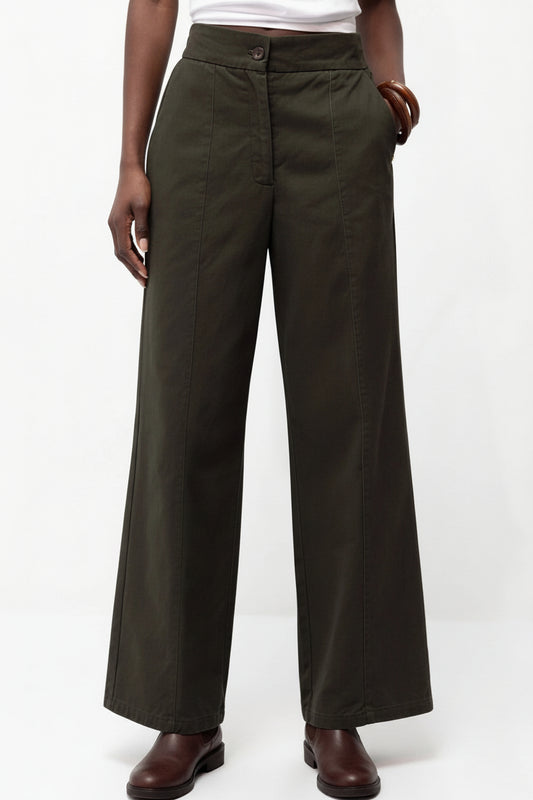 Wide-Leg Cotton Trousers in Dark Olive