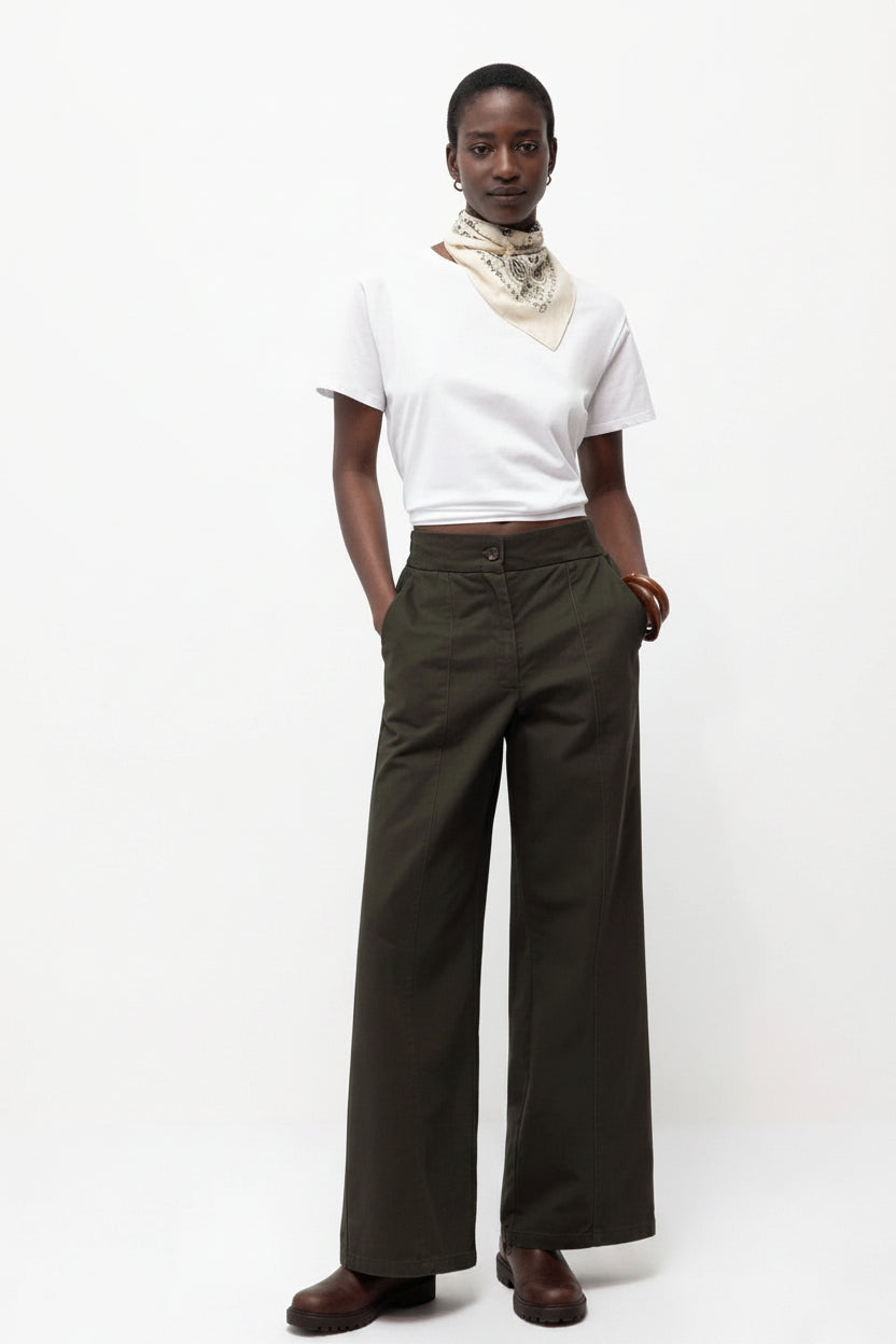 Wide-Leg Cotton Trousers in Dark Olive