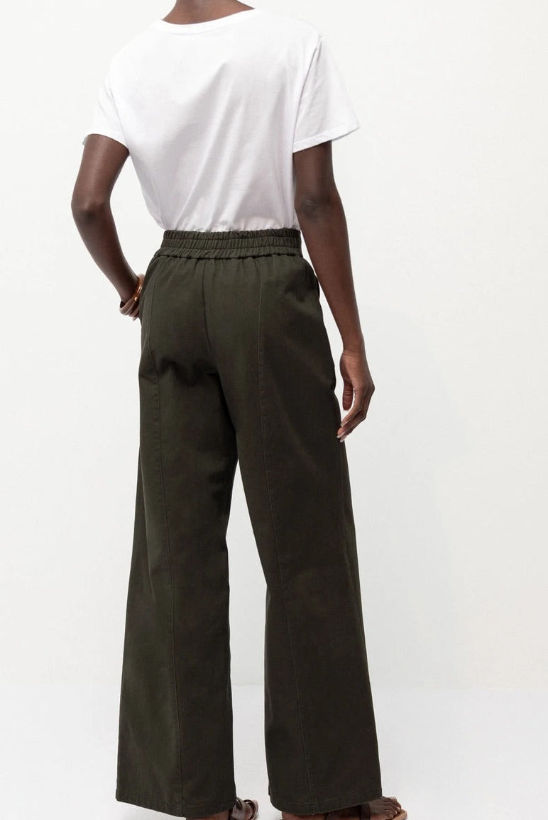 Wide-Leg Cotton Trousers in Dark Olive