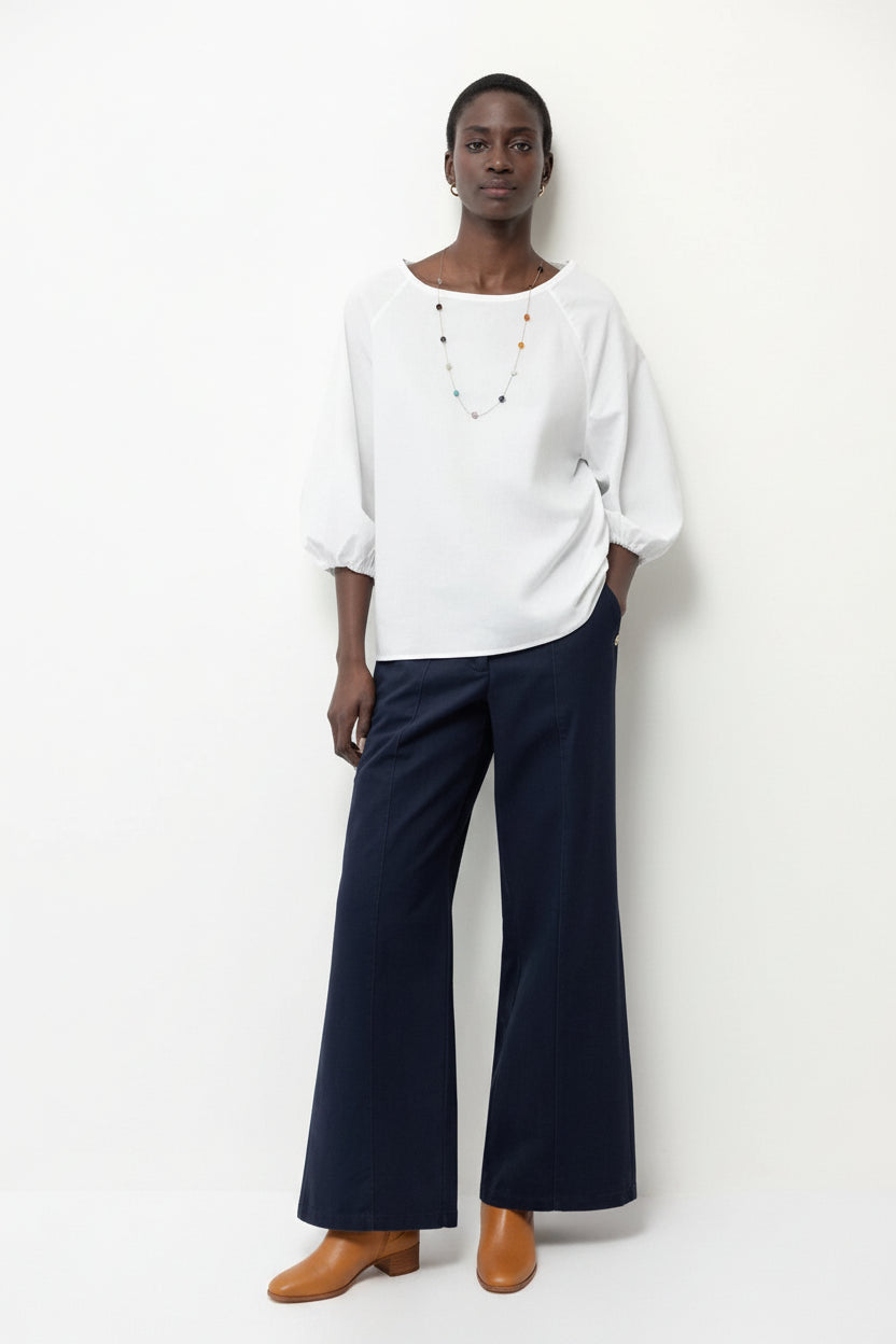 Wide-Leg Cotton Trousers in Navy Blue