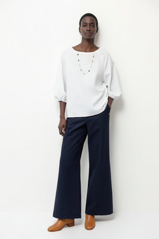 Wide-Leg Cotton Trousers in Navy Blue