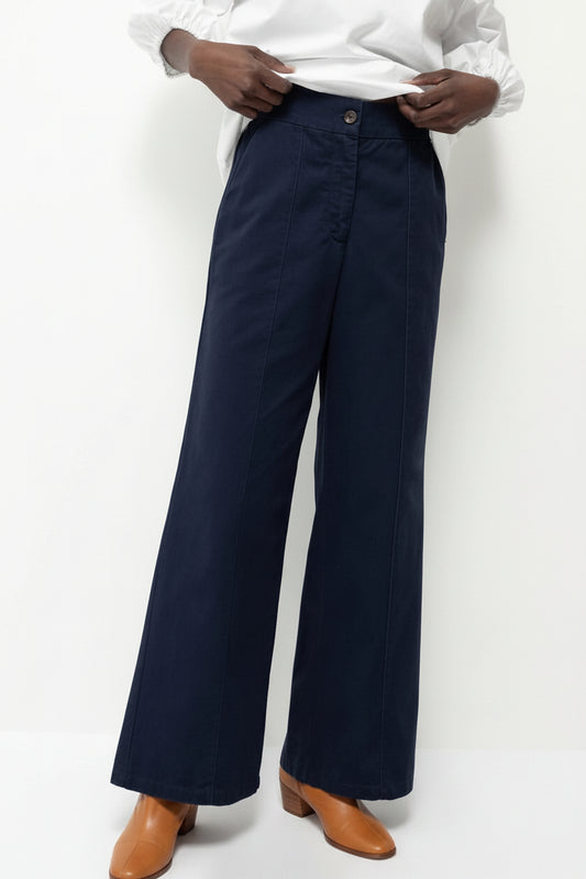 Wide-Leg Cotton Trousers in Navy Blue