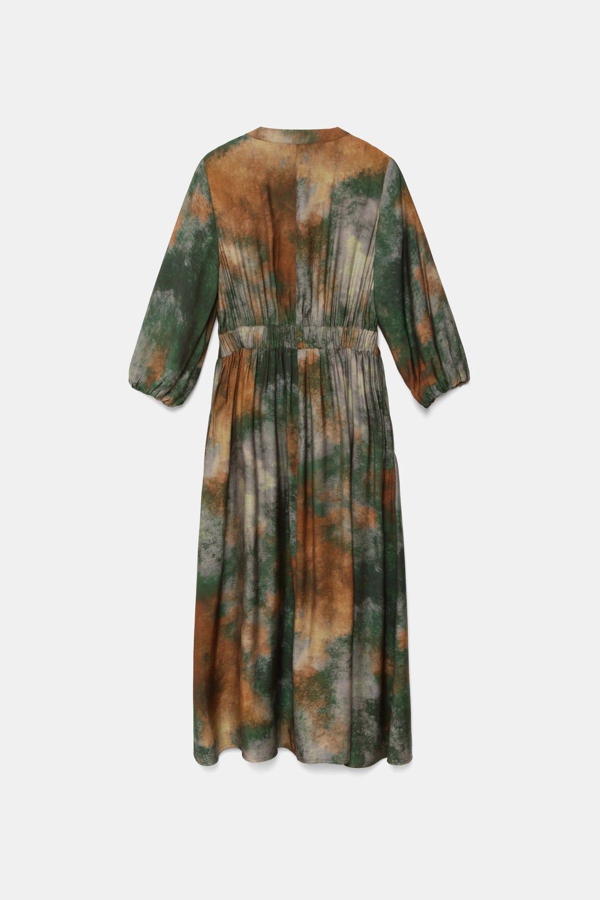 Green Tie-Dye Print Midi Dress with Balloon Sleeves
