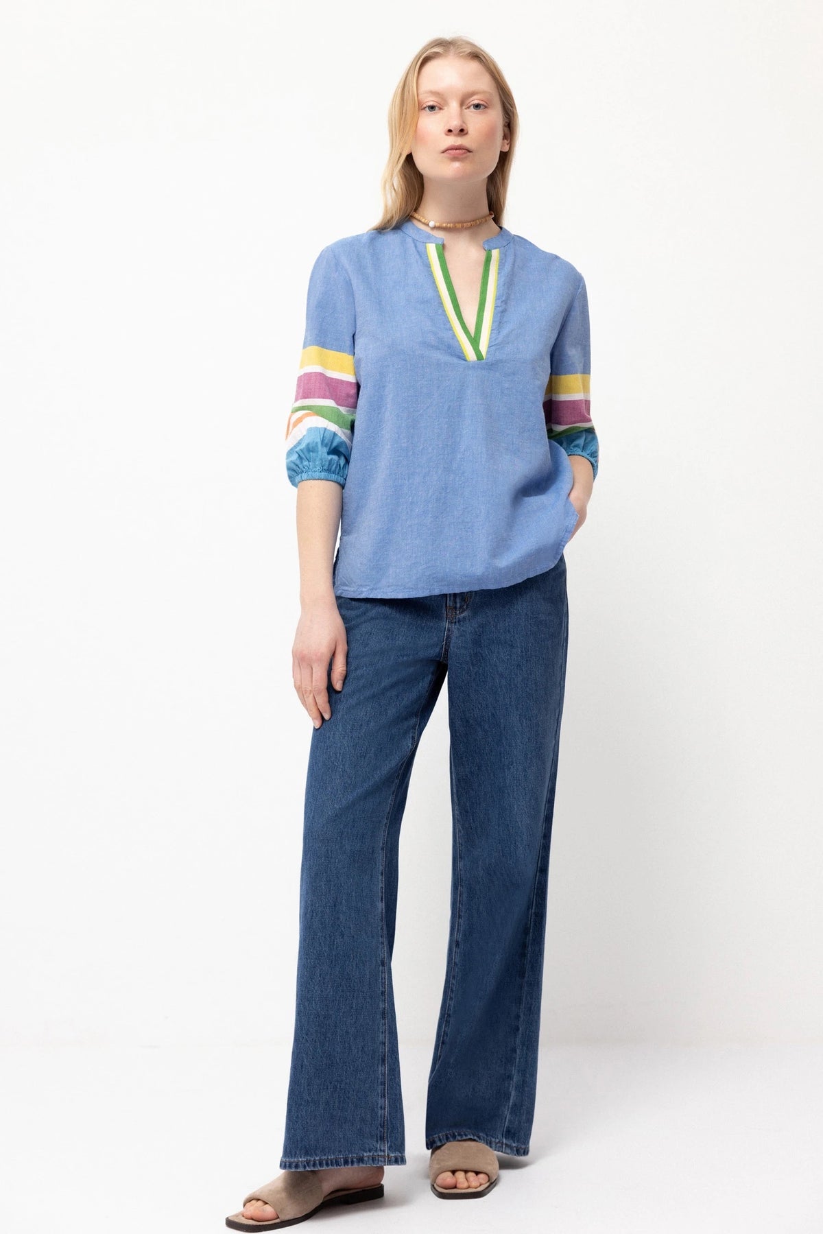 Rainbow Sleeve Cotton Blouse in Blue