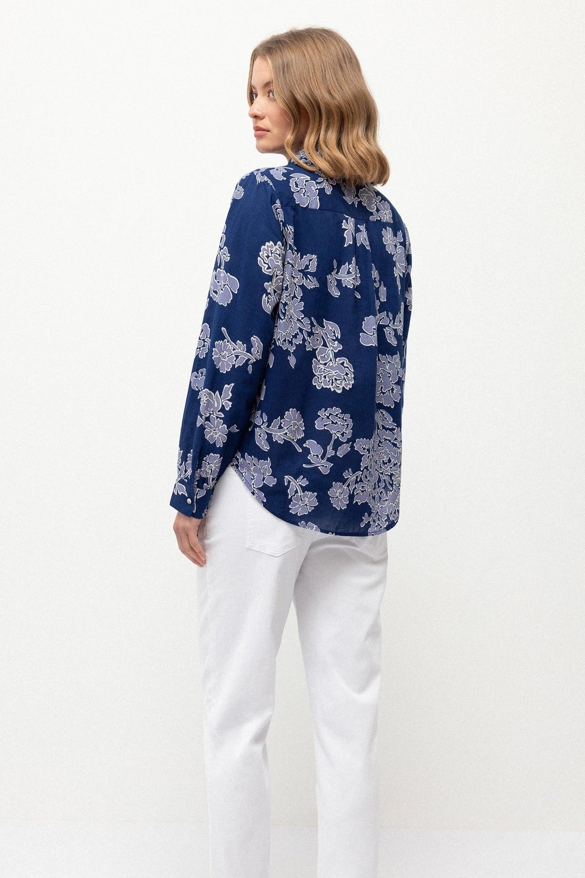 Floral Lilac Print Cotton Shirt in Blue