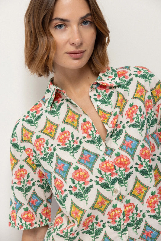 Tile Floral Print Cotton Shirt in Cream