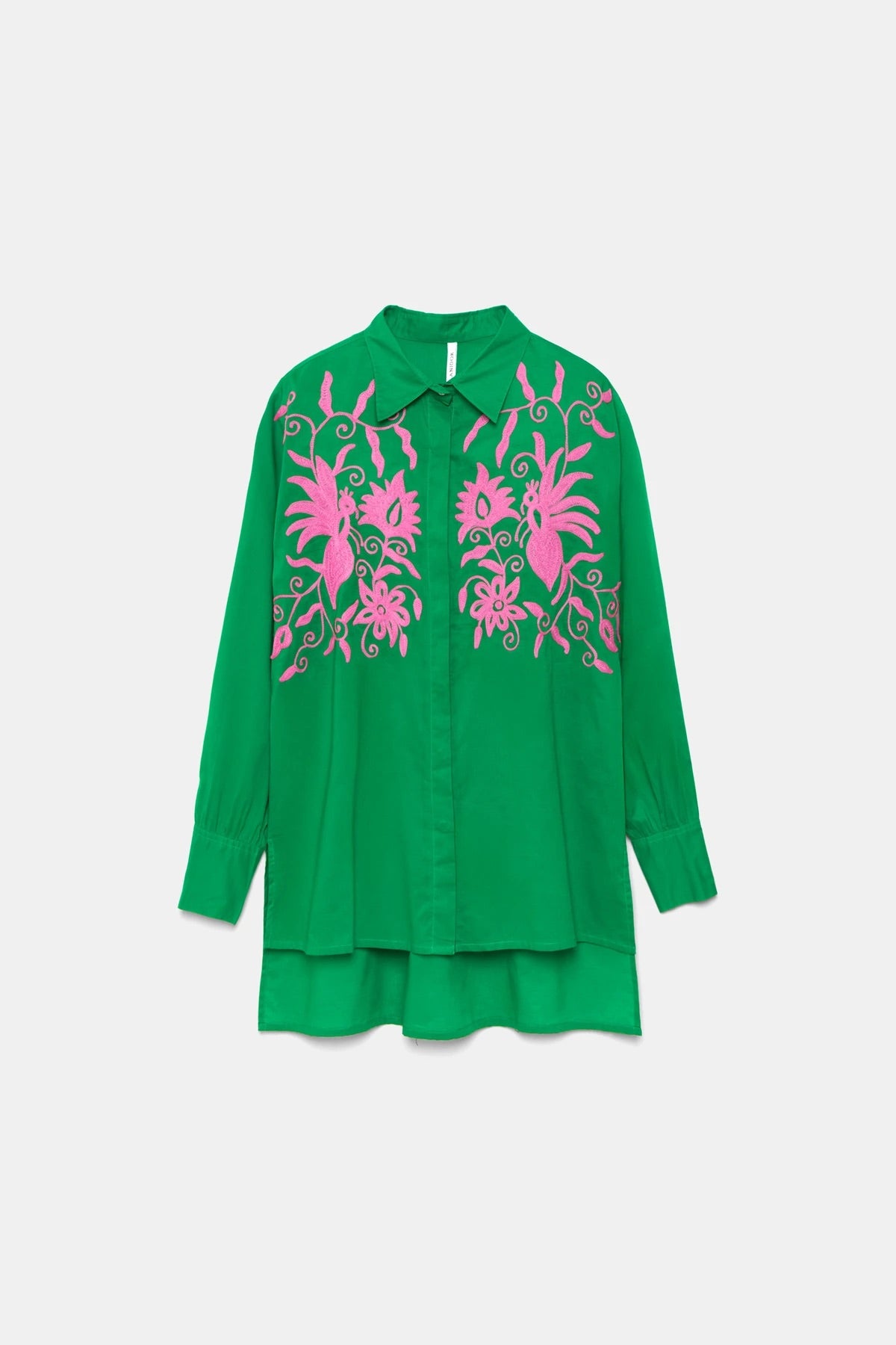Floral Embroidered Cotton Shirt in Green