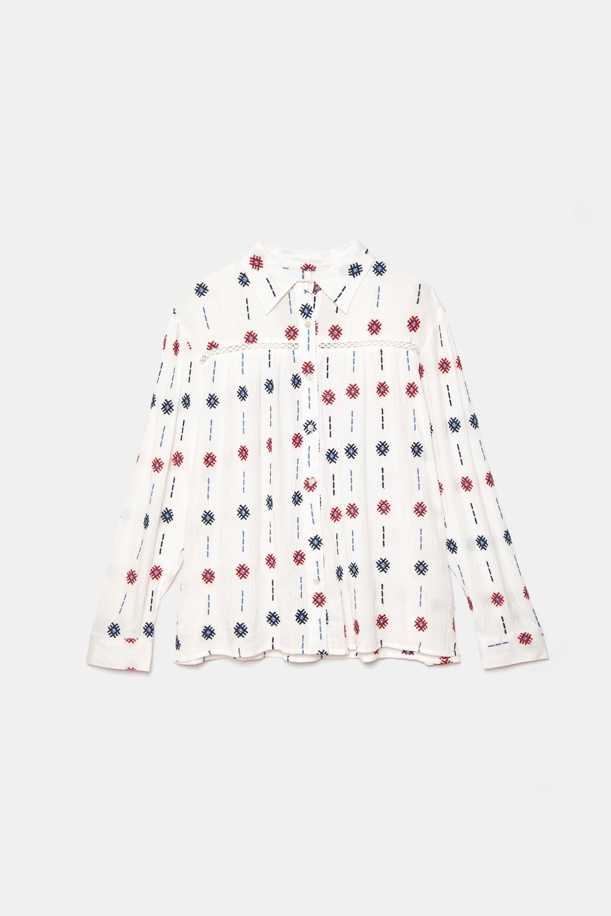 Geometric Embroidered Oxford Shirt in White