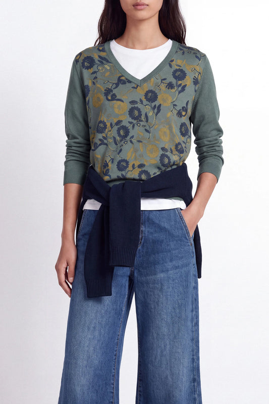V-Neck Floral Print Front Knit Sweater
