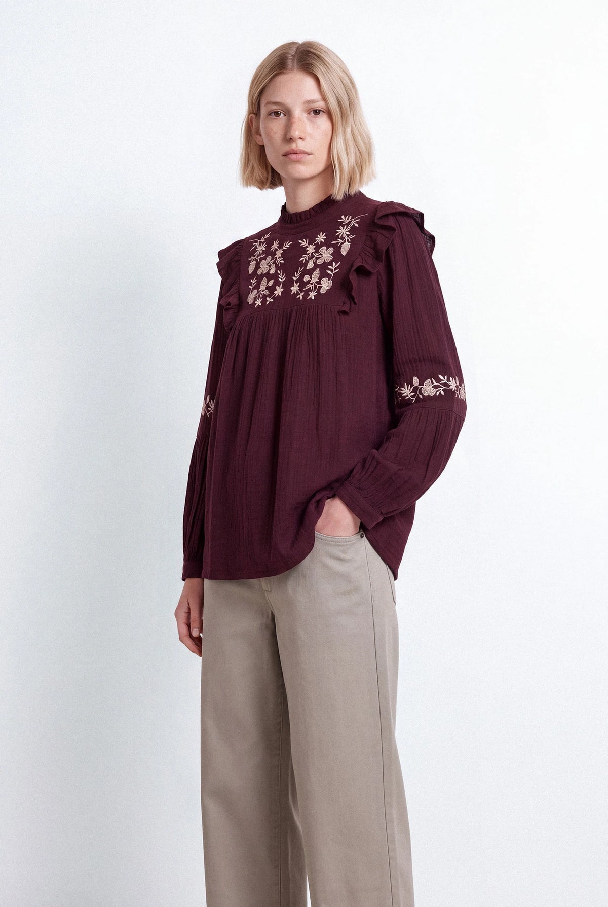 Floral Embroidered Cotton Ruffle Blouse in Bordeaux