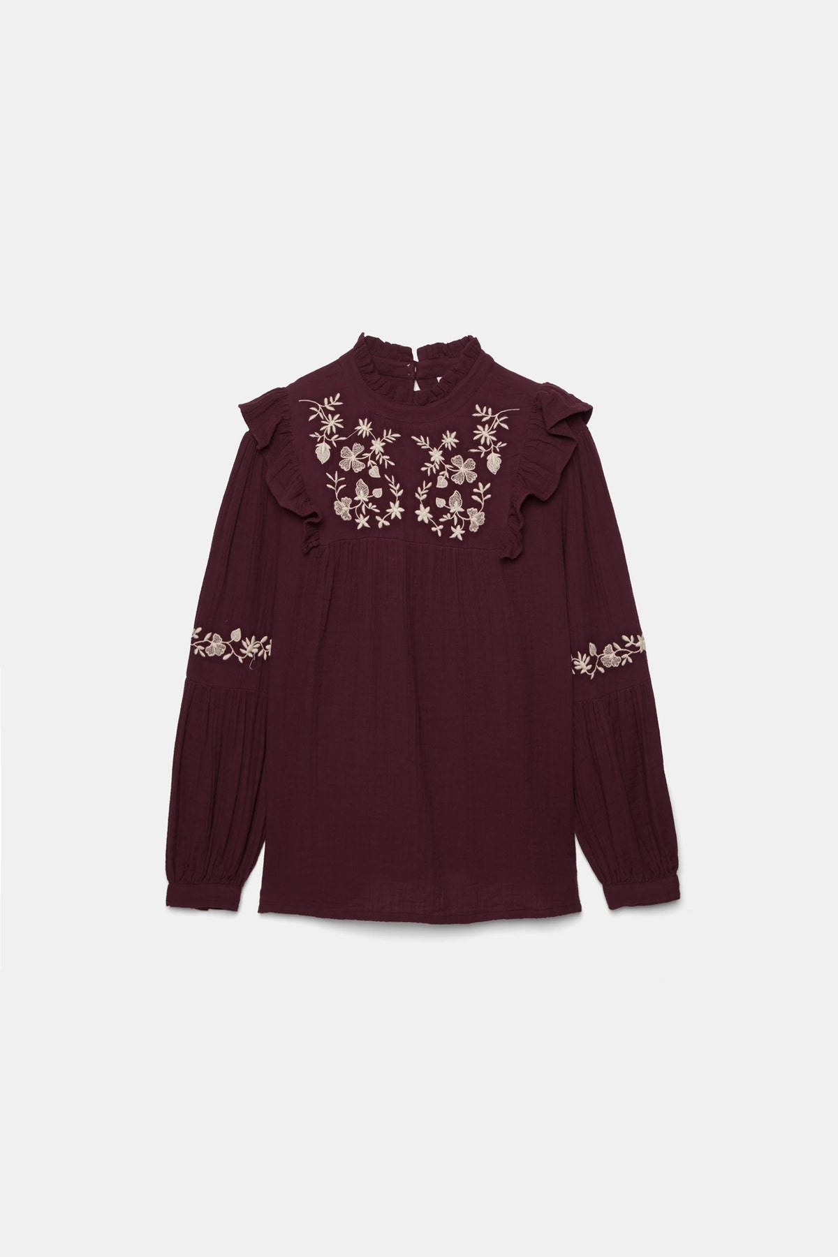 Floral Embroidered Cotton Ruffle Blouse in Bordeaux