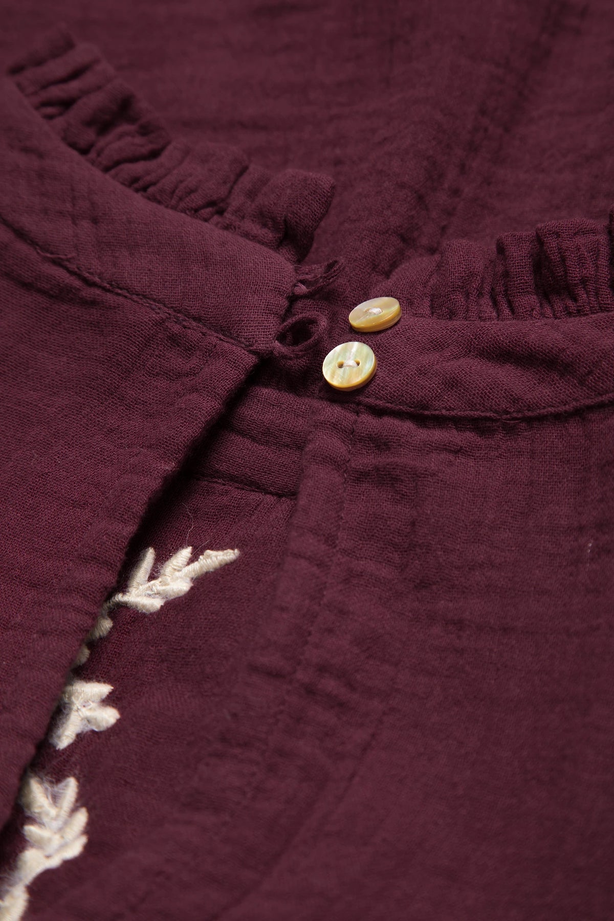 Floral Embroidered Cotton Ruffle Blouse in Bordeaux