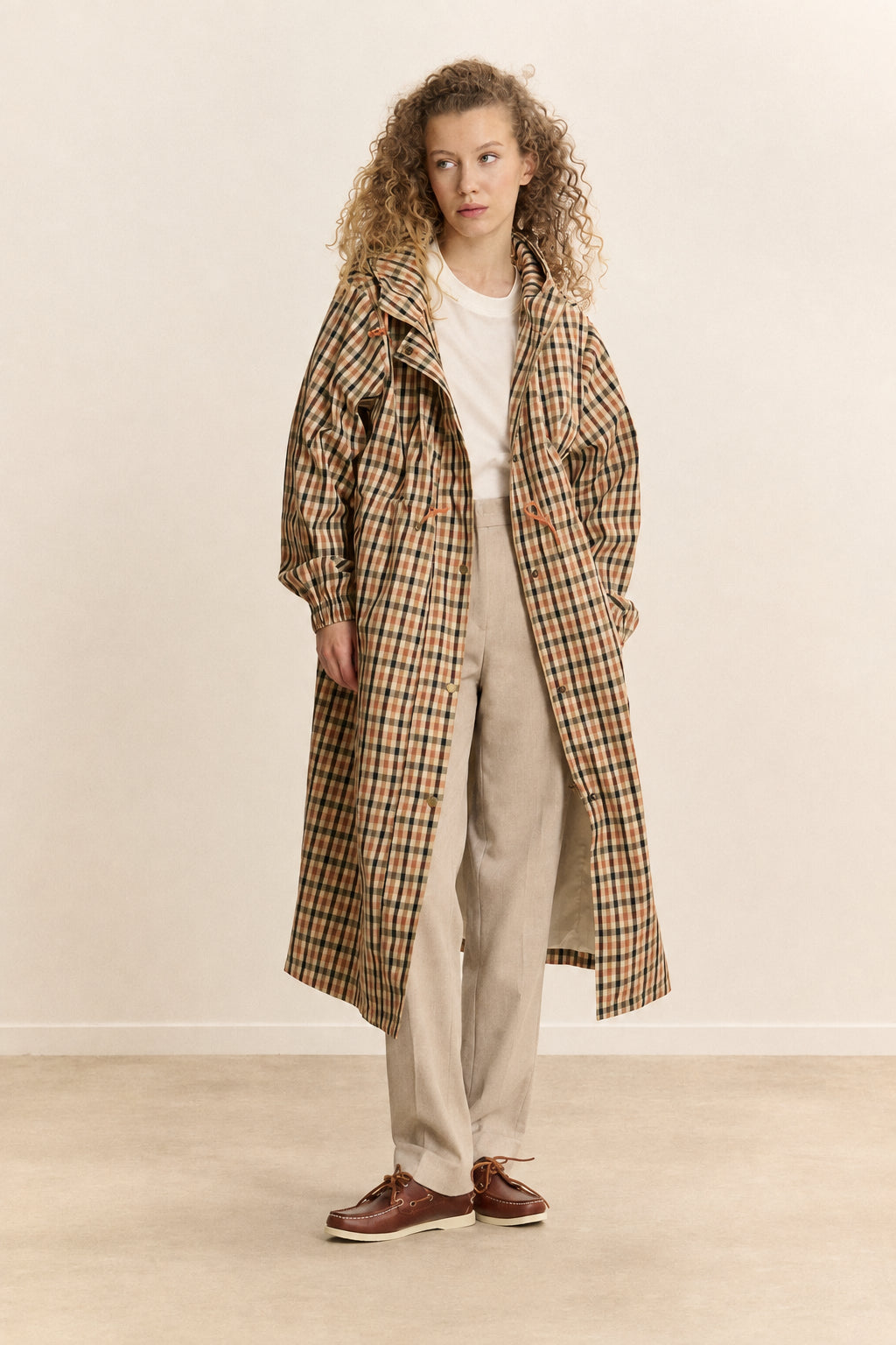 CLOVIS Checkered Trench Coat in Camel