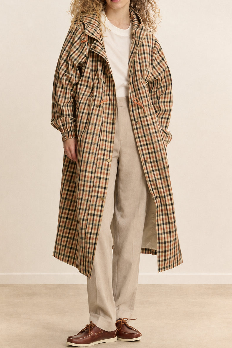 CLOVIS Checkered Trench Coat in Camel