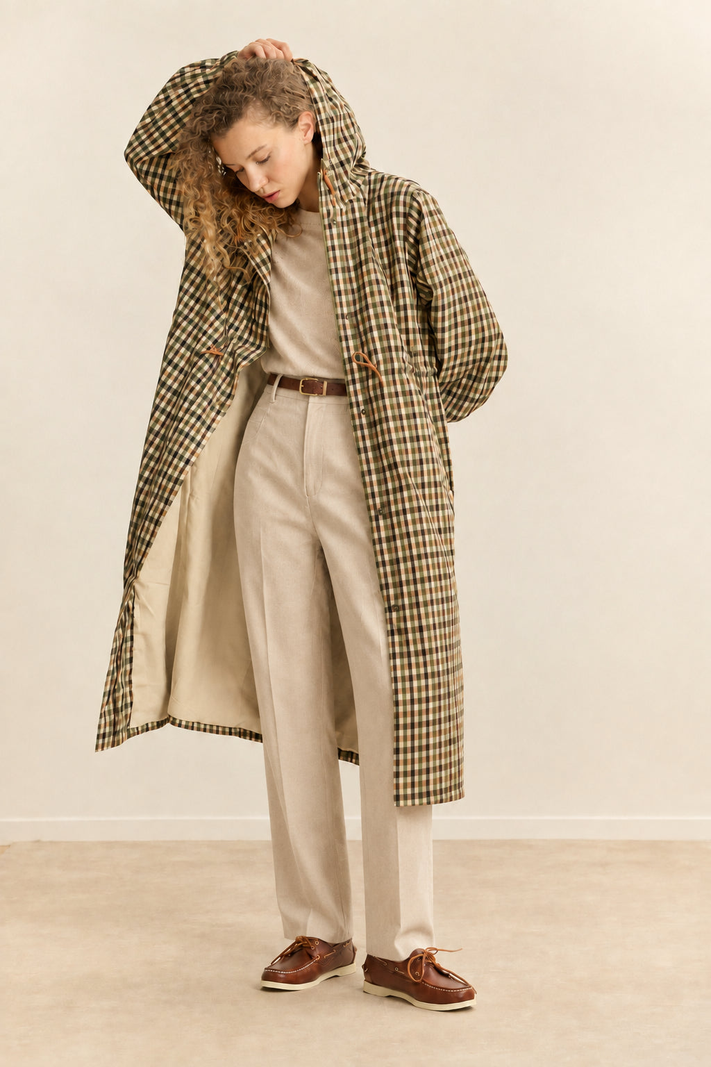 CLOVIS Checkered Trench Coat in Camel
