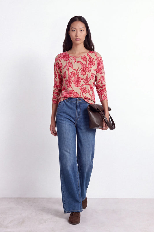 Floral Print Knit Sweater in Beige and Pink