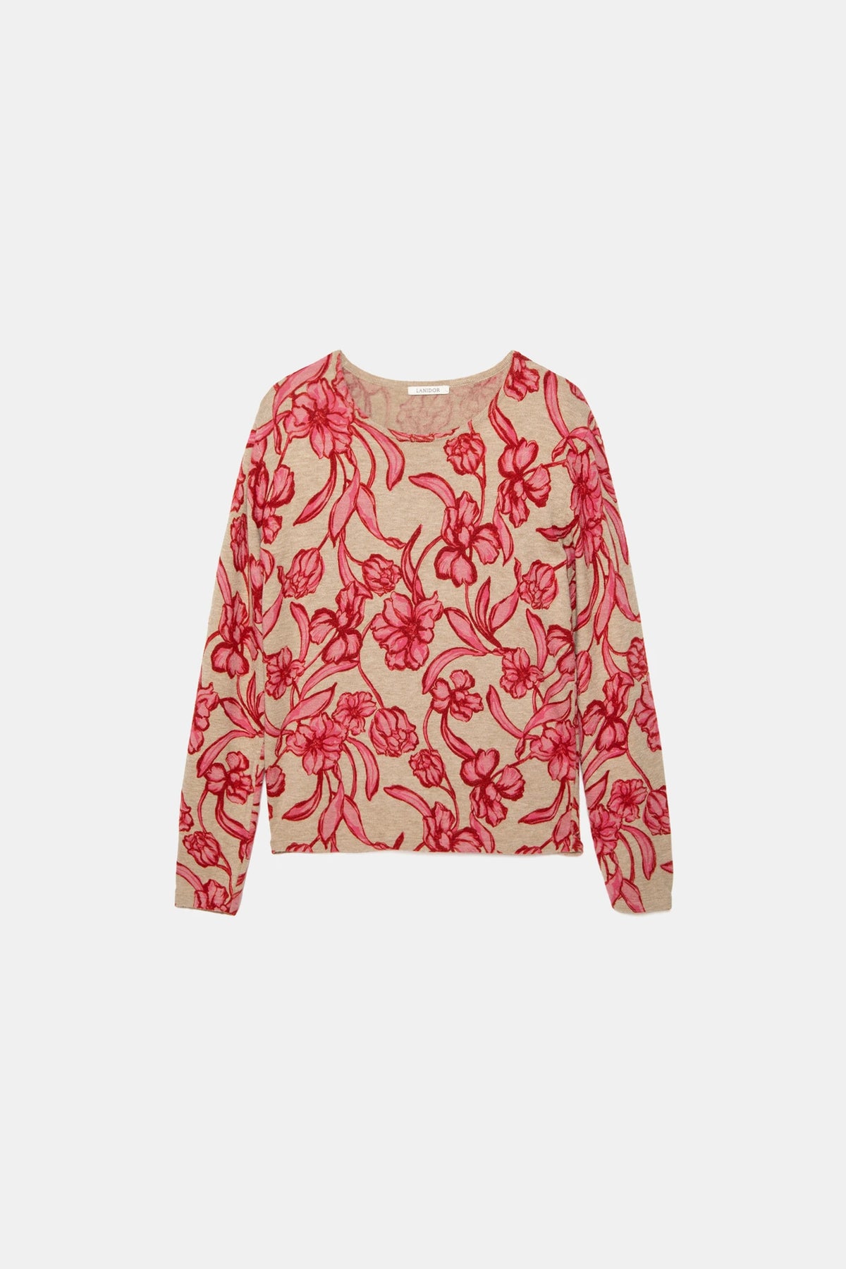 Floral Print Knit Sweater in Beige and Pink