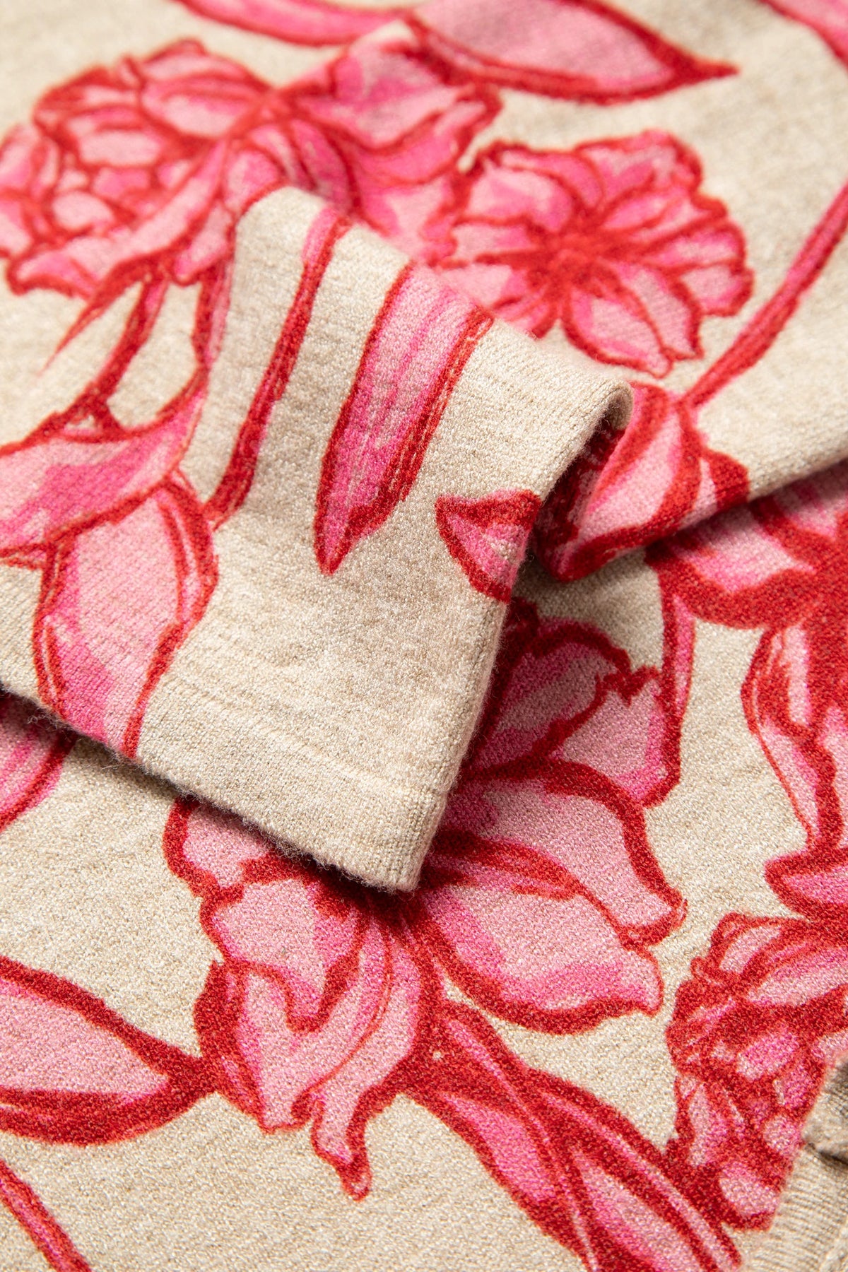 Floral Print Knit Sweater in Beige and Pink