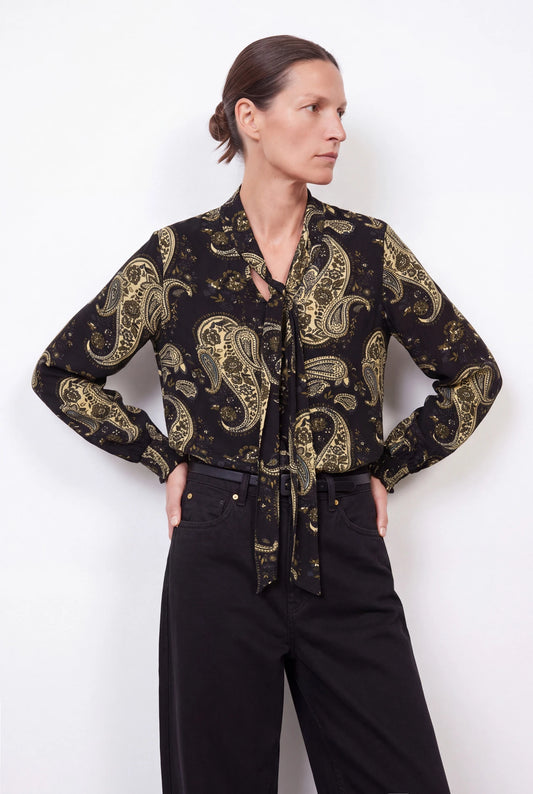 Paisley Print Tie-Neck Blouse in Black