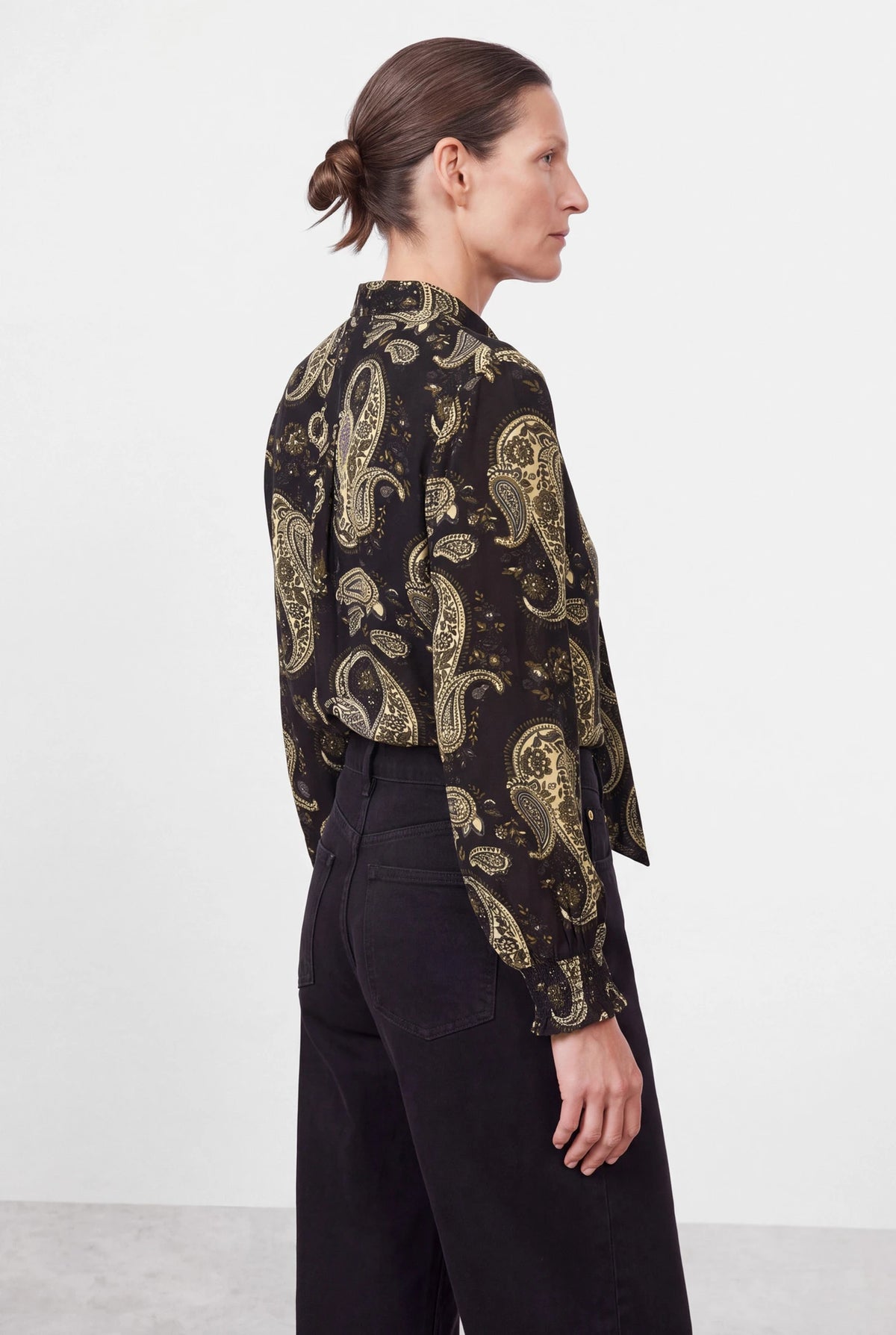 Paisley Print Tie-Neck Blouse in Black