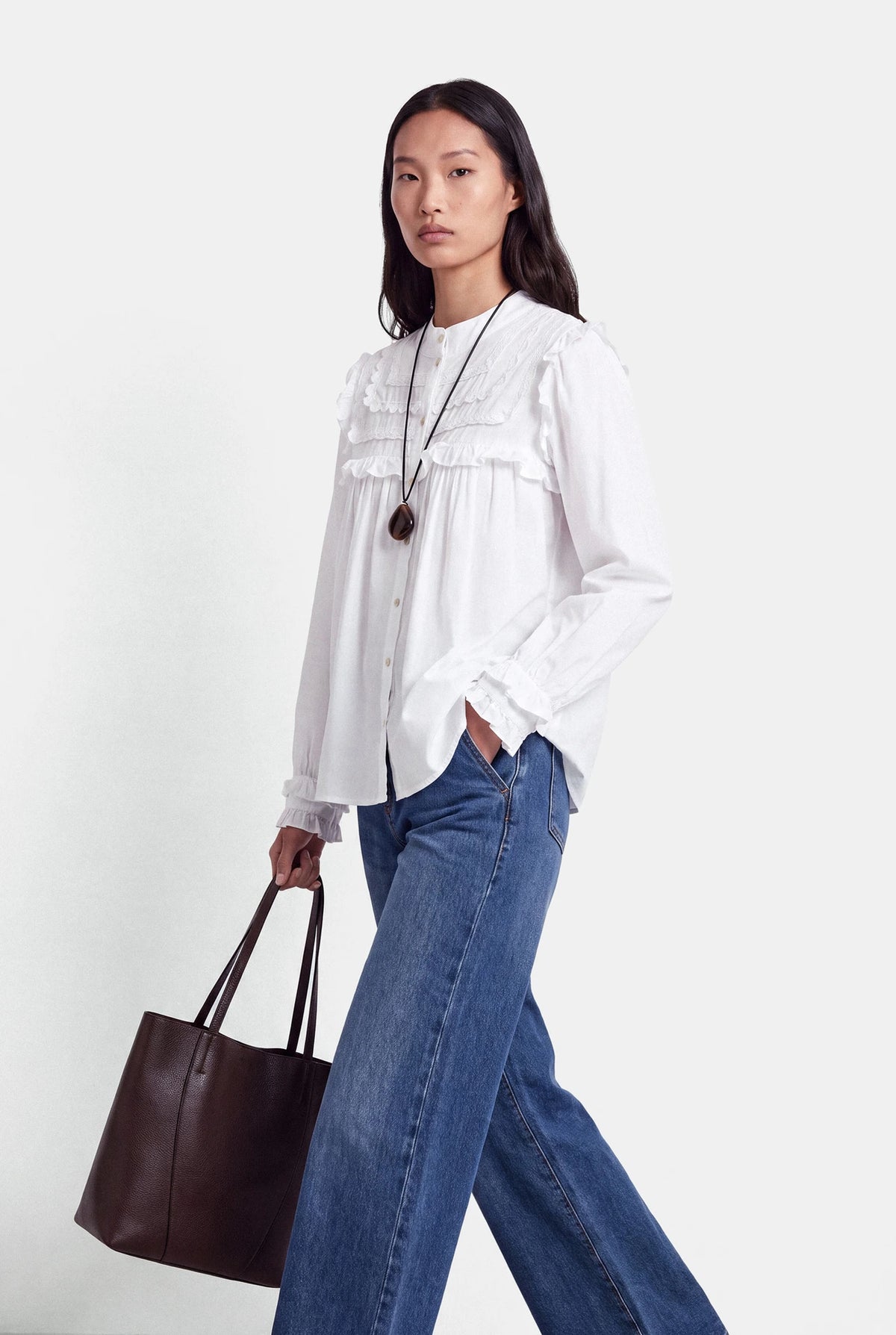 Lace & Ruffle Cotton Blouse in White