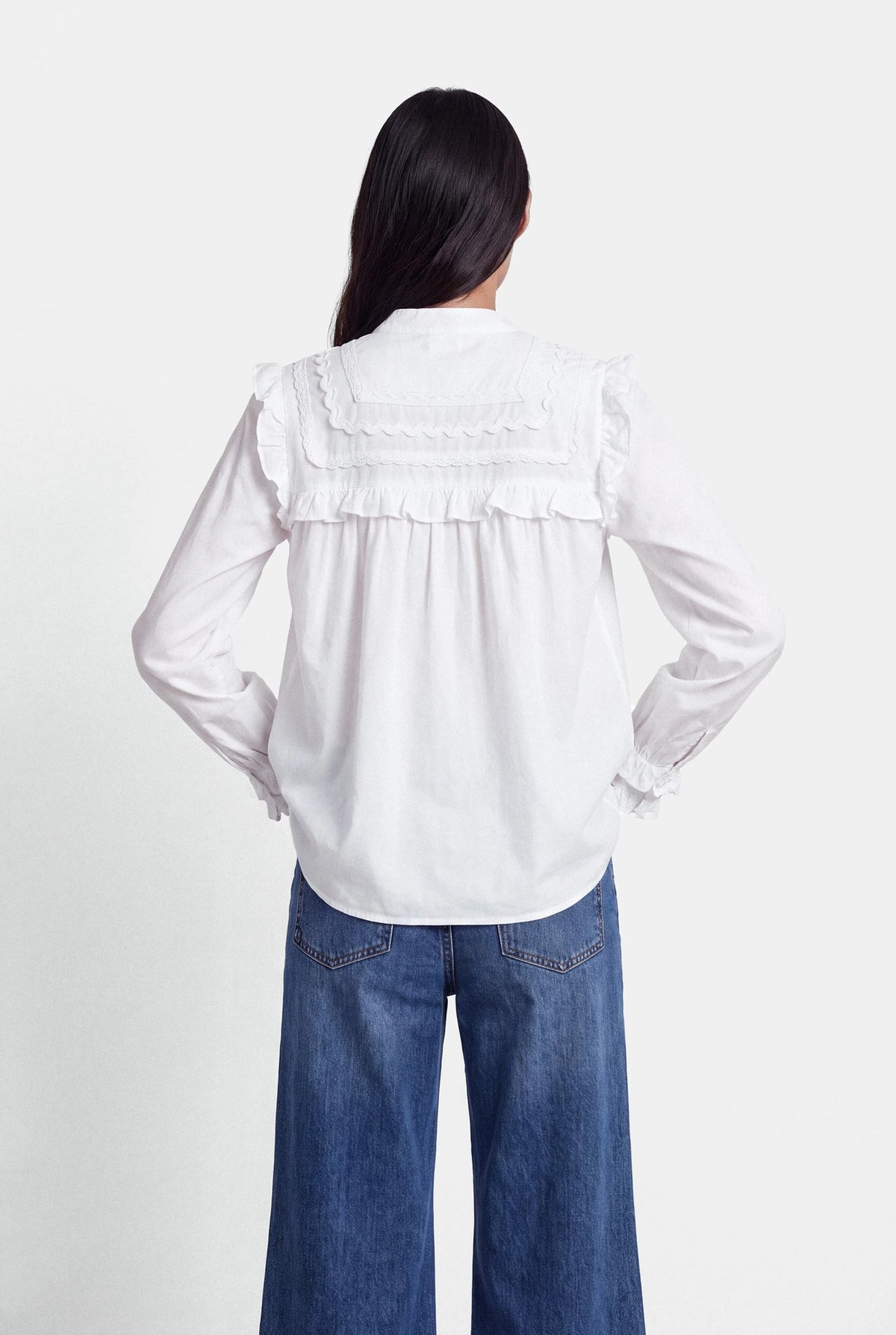 Lace & Ruffle Cotton Blouse in White