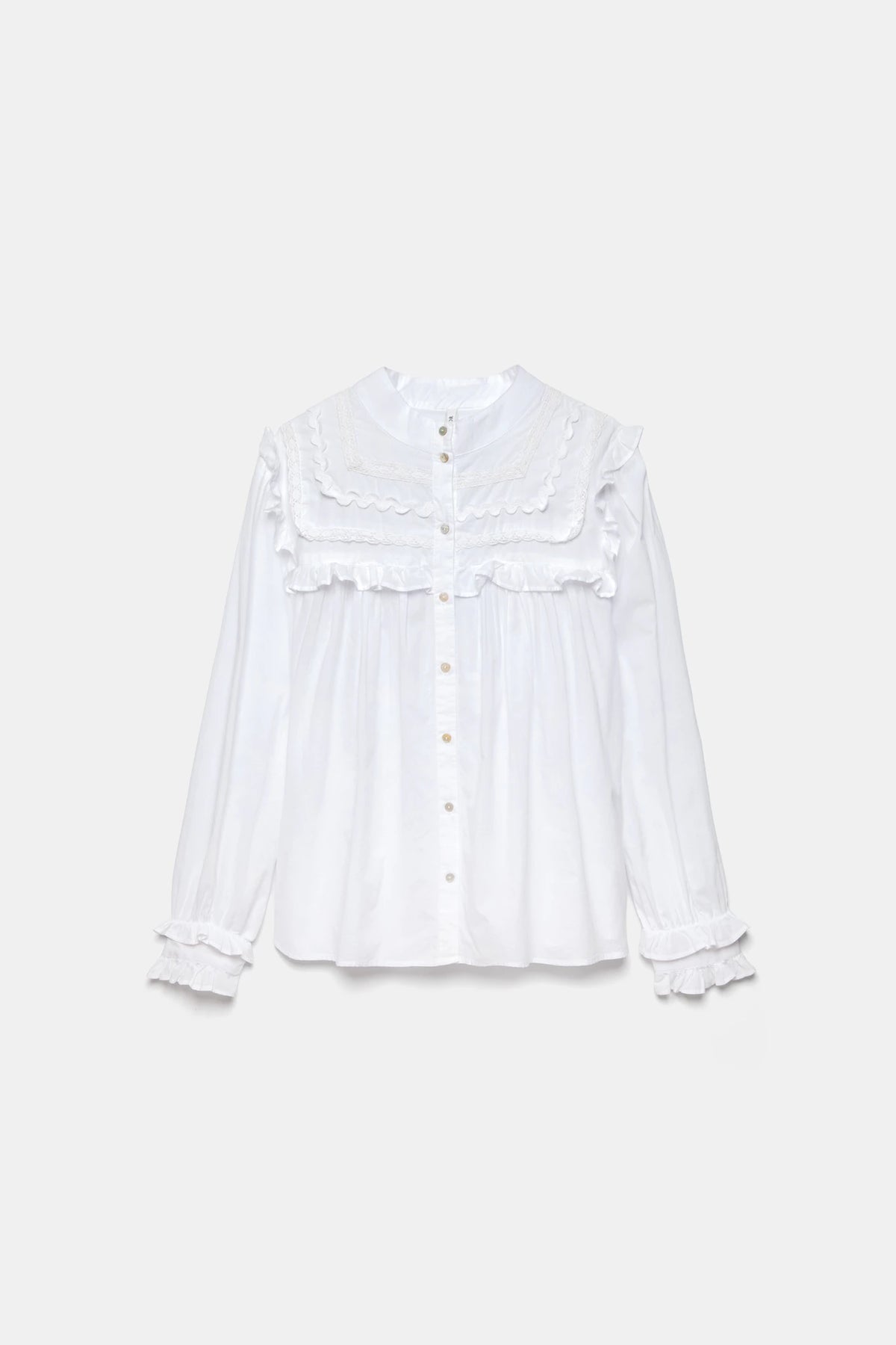 Lace & Ruffle Cotton Blouse in White