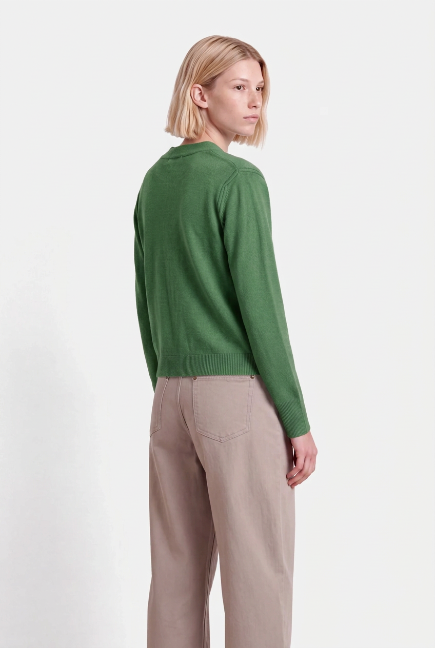 Back model photo with green cardigan