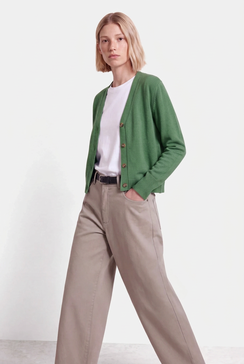 Three-quarter model photo with green cardigan
