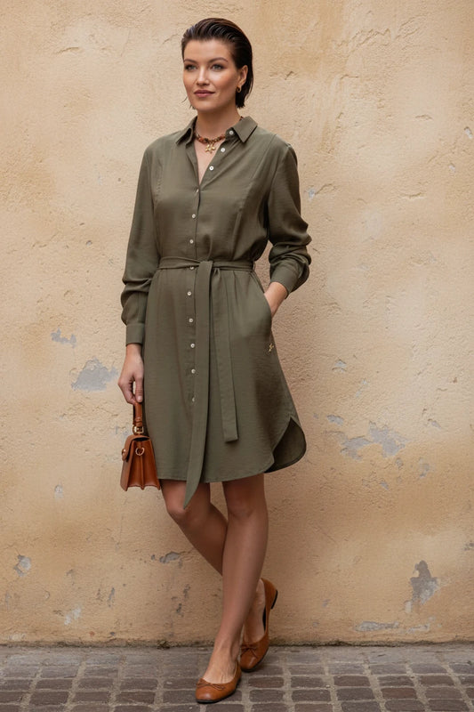 Plain Shirt-Style Midi Dress in Green