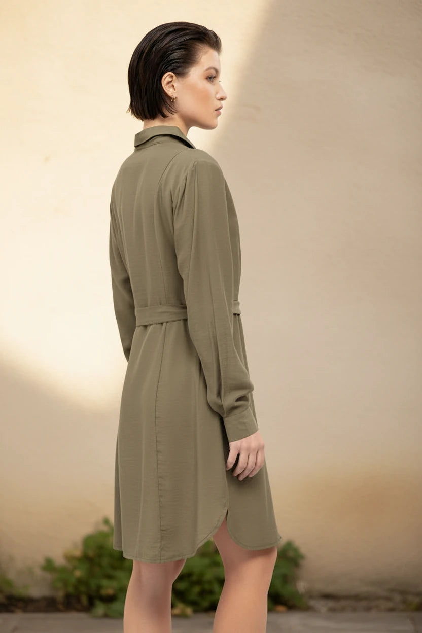 Plain Shirt-Style Midi Dress in Green