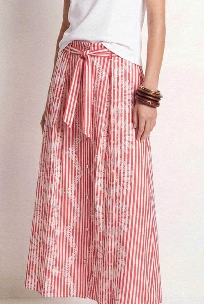 Striped Floral Print Midi Skirt in Red