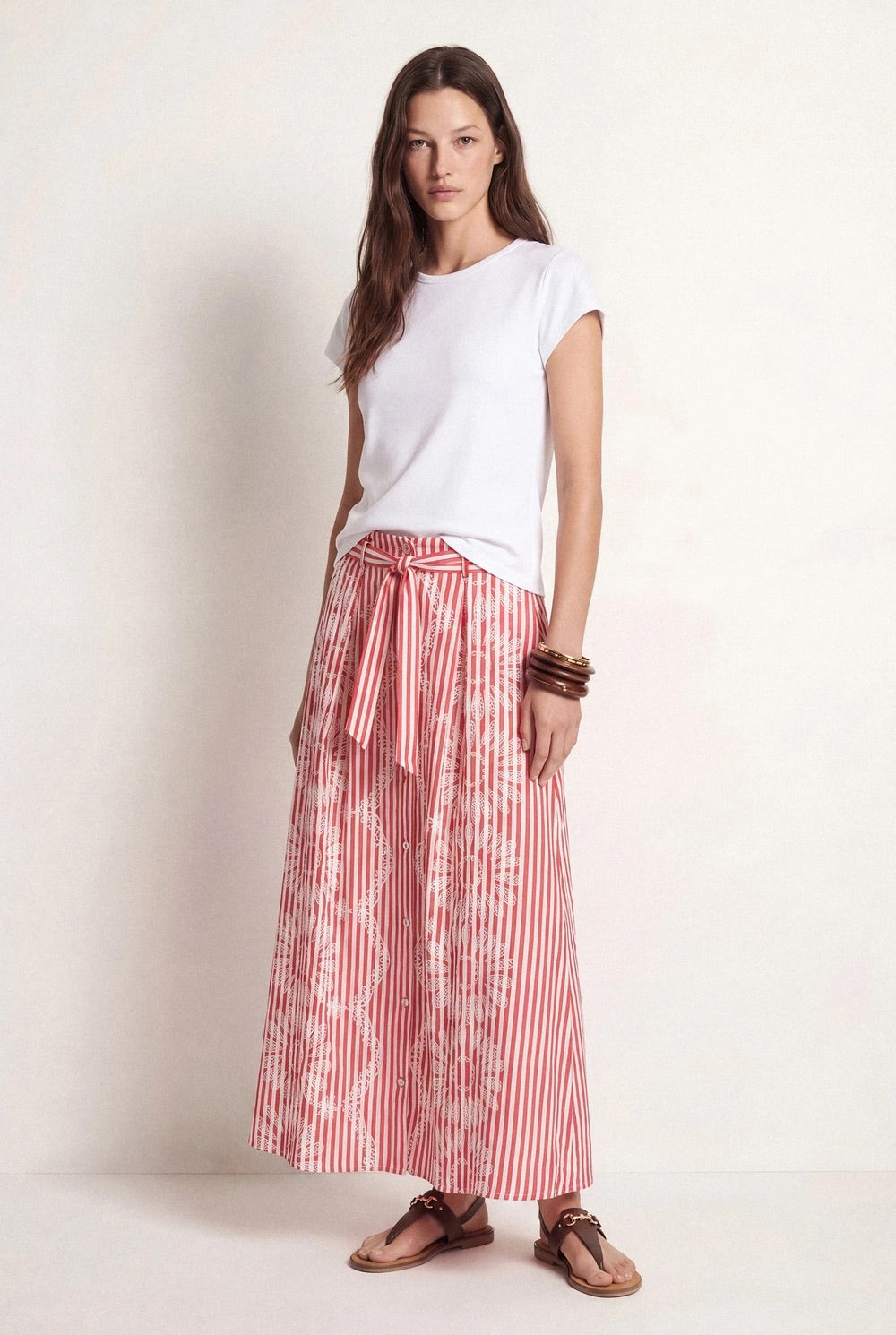 Striped Floral Print Midi Skirt in Red