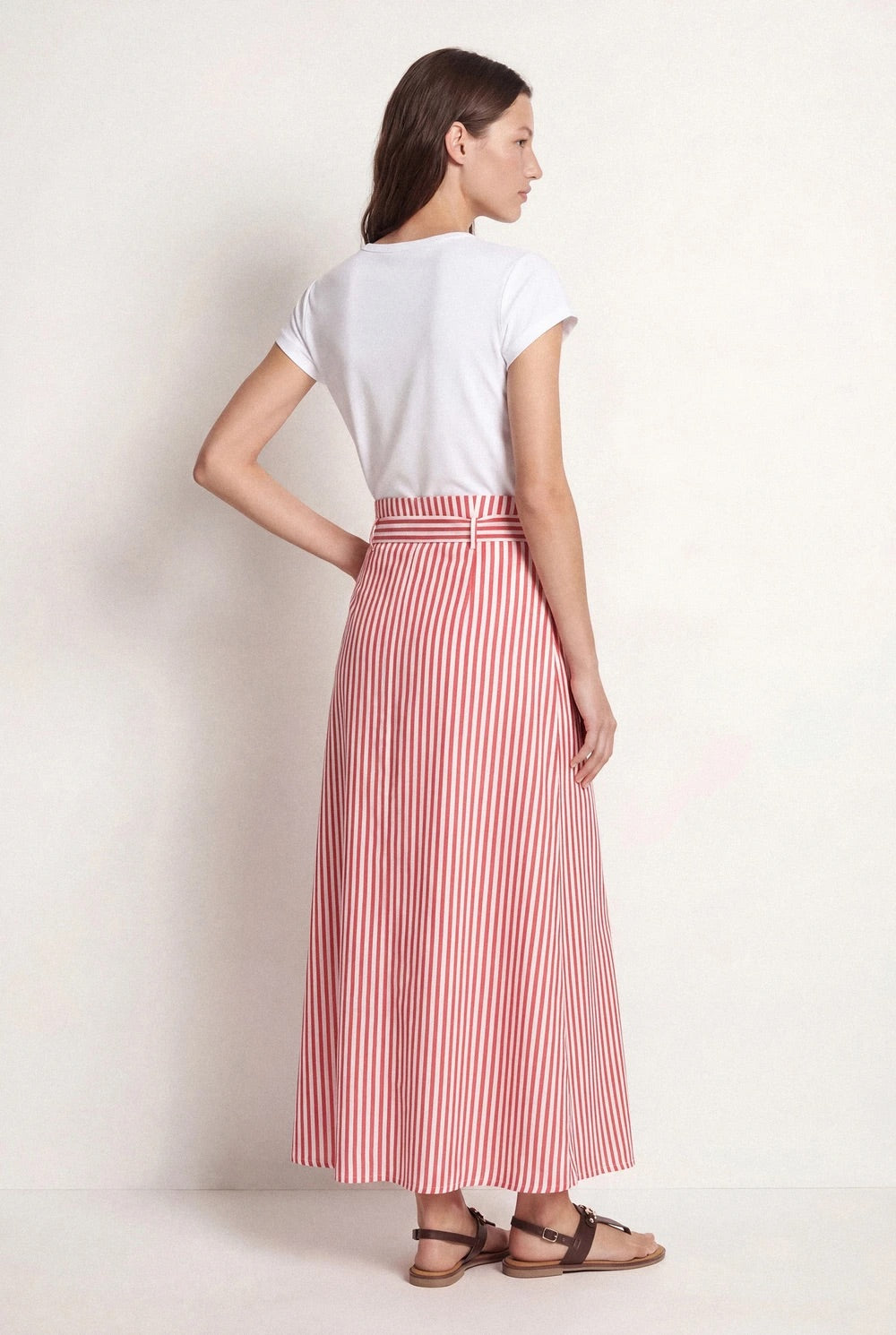 Striped Floral Print Midi Skirt in Red