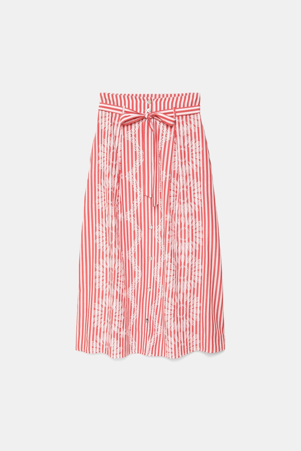 Striped Floral Print Midi Skirt in Red