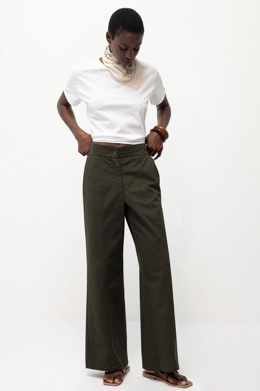 Wide-Leg Cotton Trousers in Dark Olive