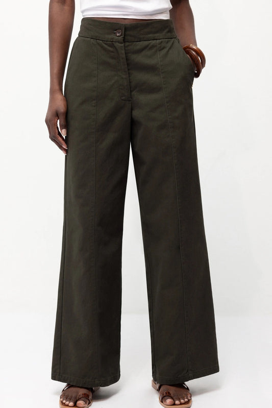 Wide-Leg Cotton Trousers in Dark Olive