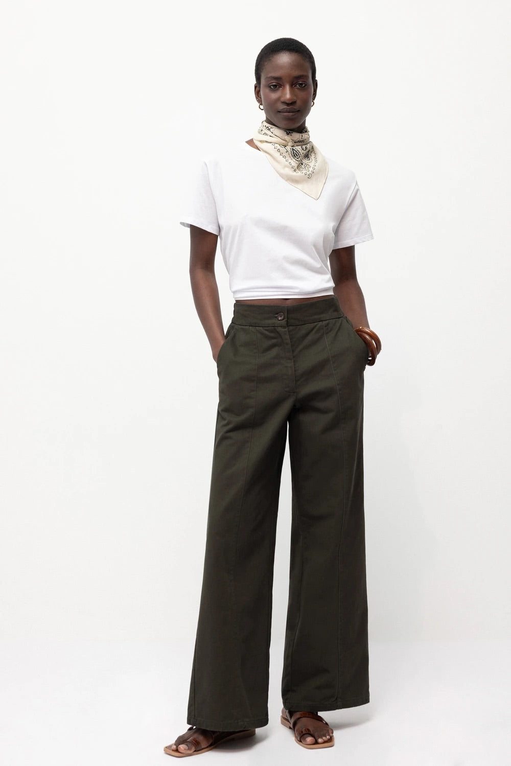 Wide-Leg Cotton Trousers in Dark Olive