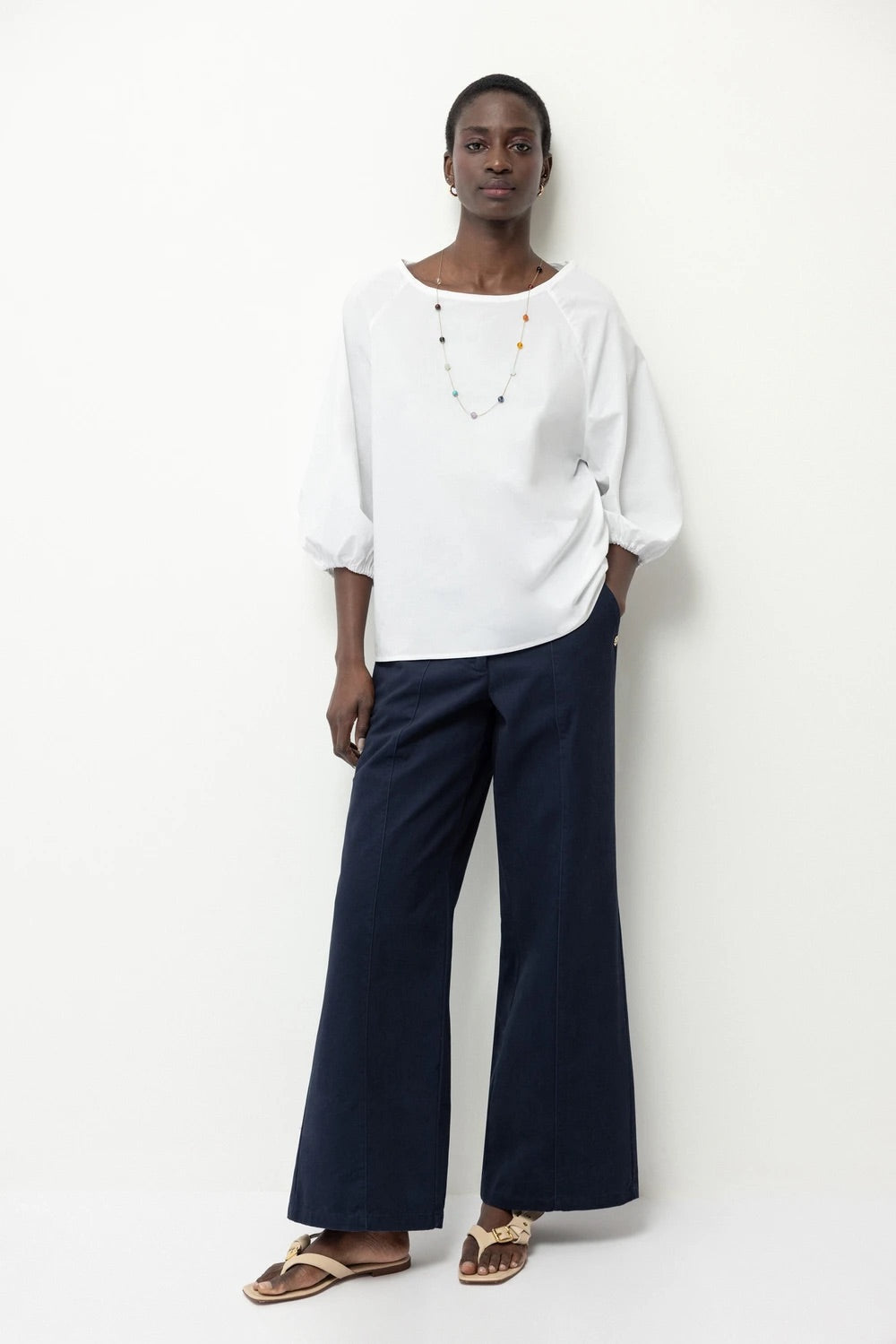 Wide-Leg Cotton Trousers in Navy Blue
