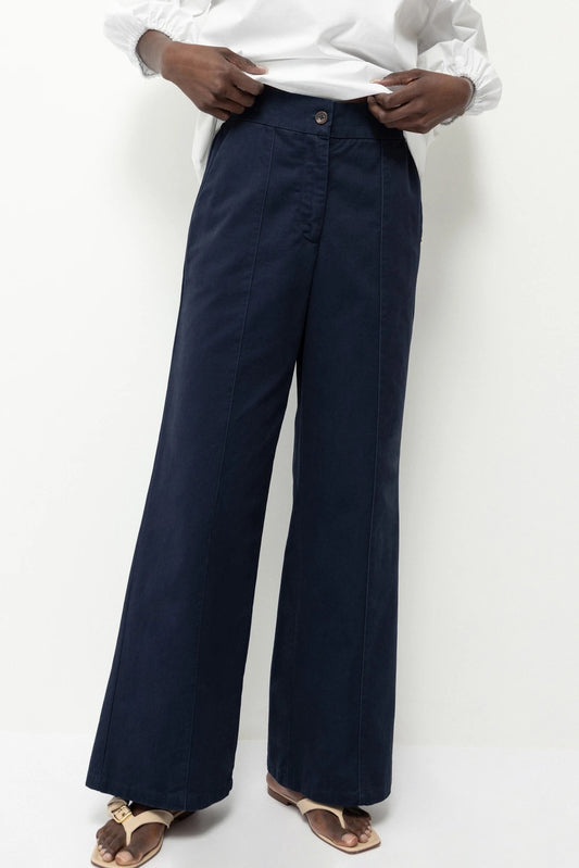 Wide-Leg Cotton Trousers in Navy Blue