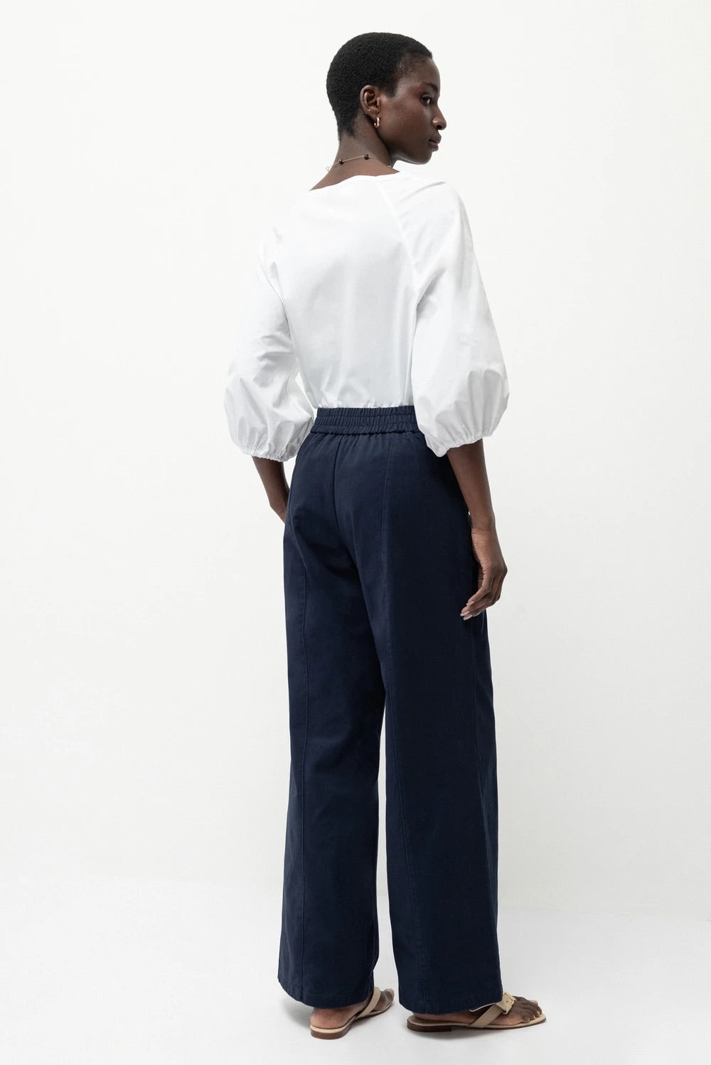 Wide-Leg Cotton Trousers in Navy Blue