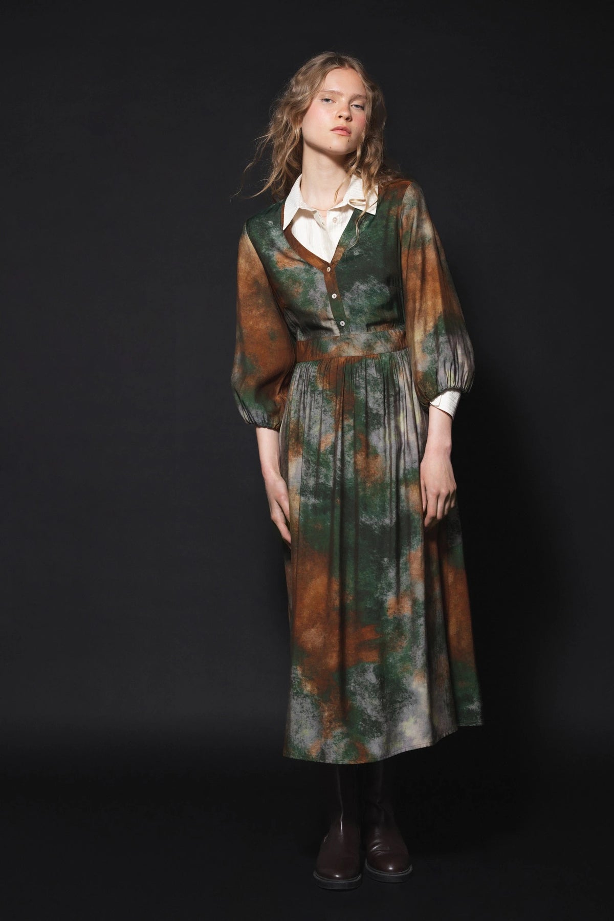 Green Tie-Dye Print Midi Dress with Balloon Sleeves