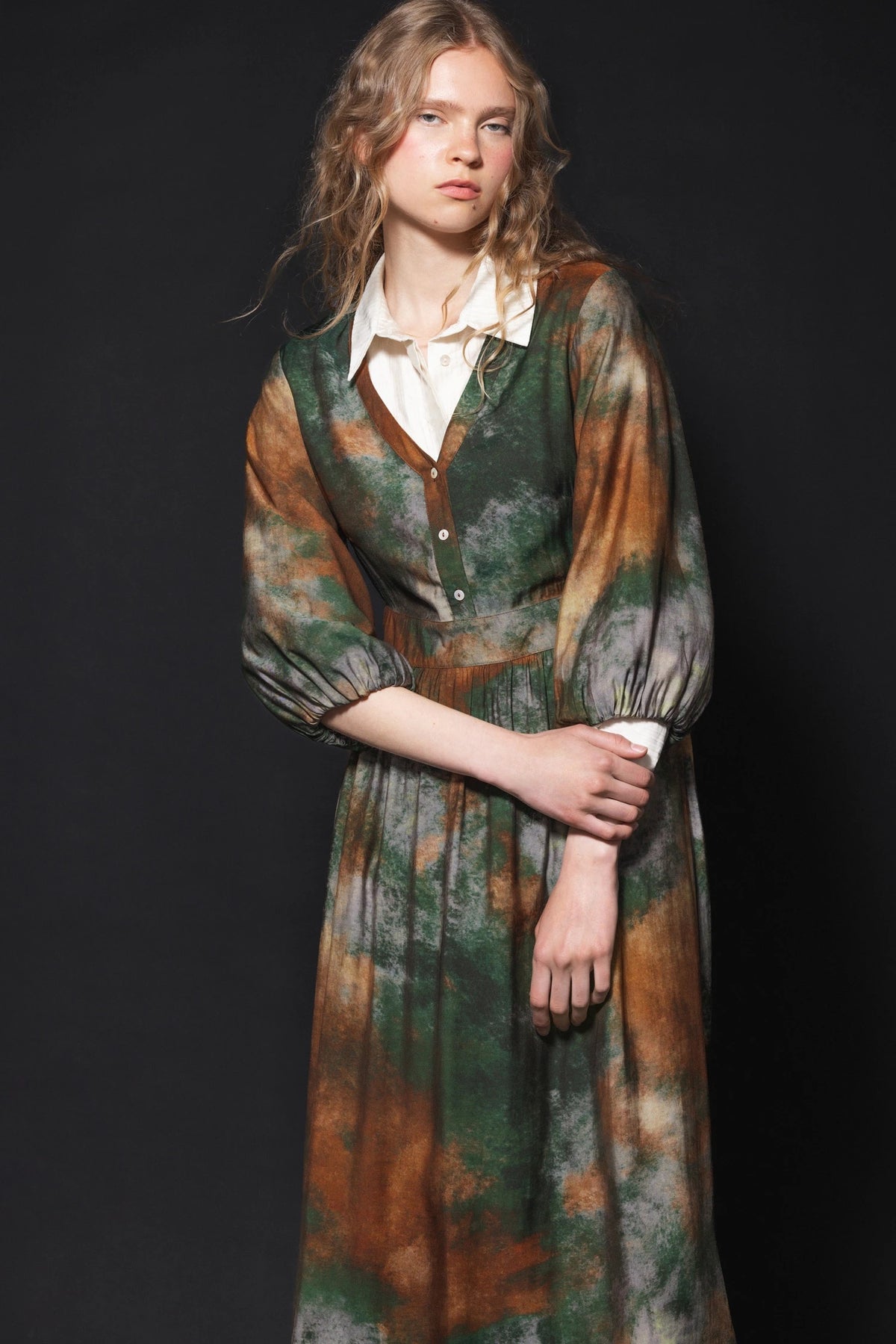 Green Tie-Dye Print Midi Dress with Balloon Sleeves