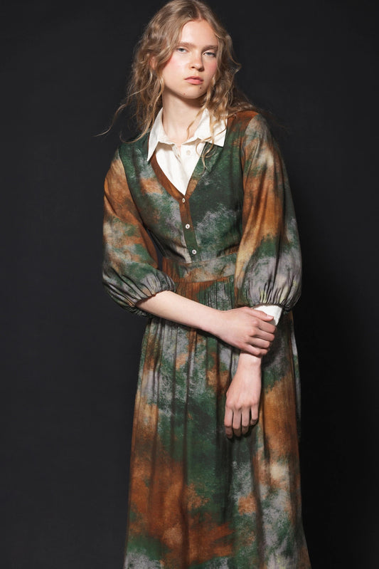 Green Tie-Dye Print Midi Dress with Balloon Sleeves