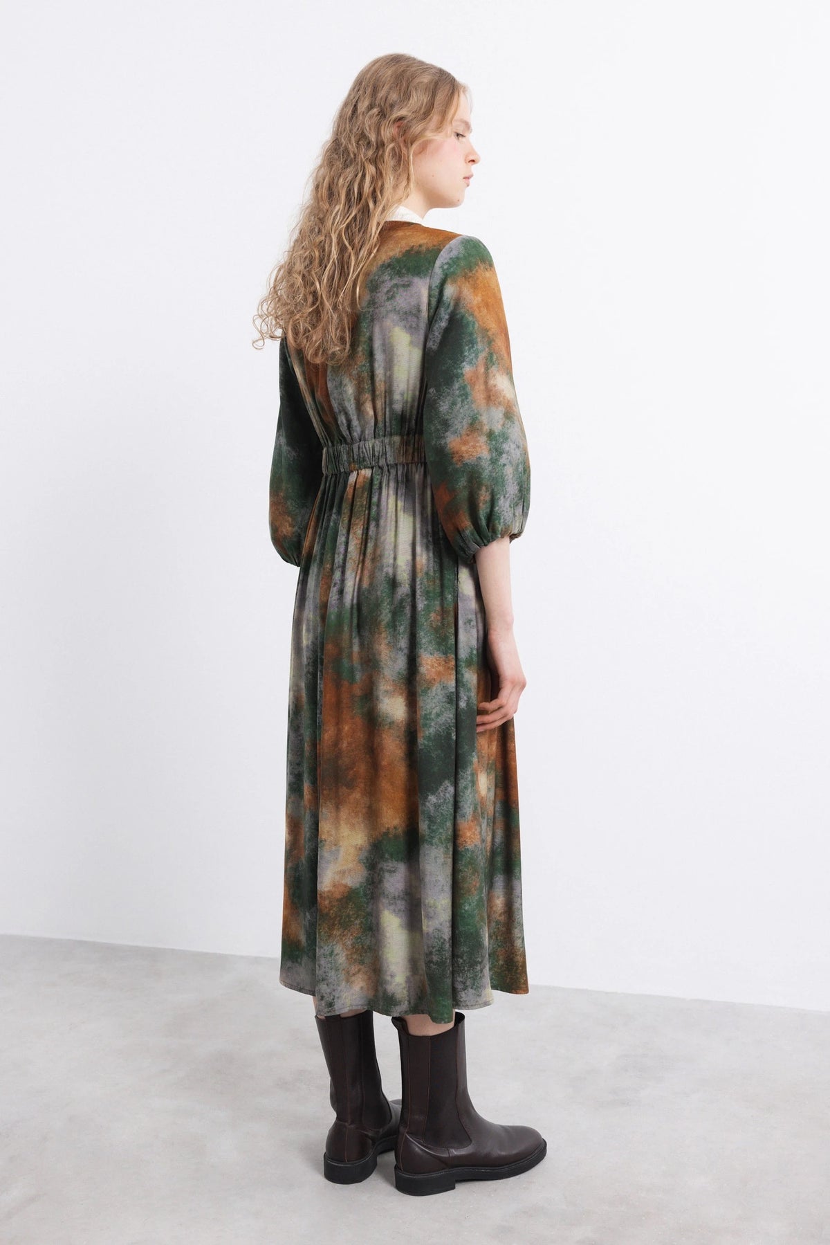 Green Tie-Dye Print Midi Dress with Balloon Sleeves