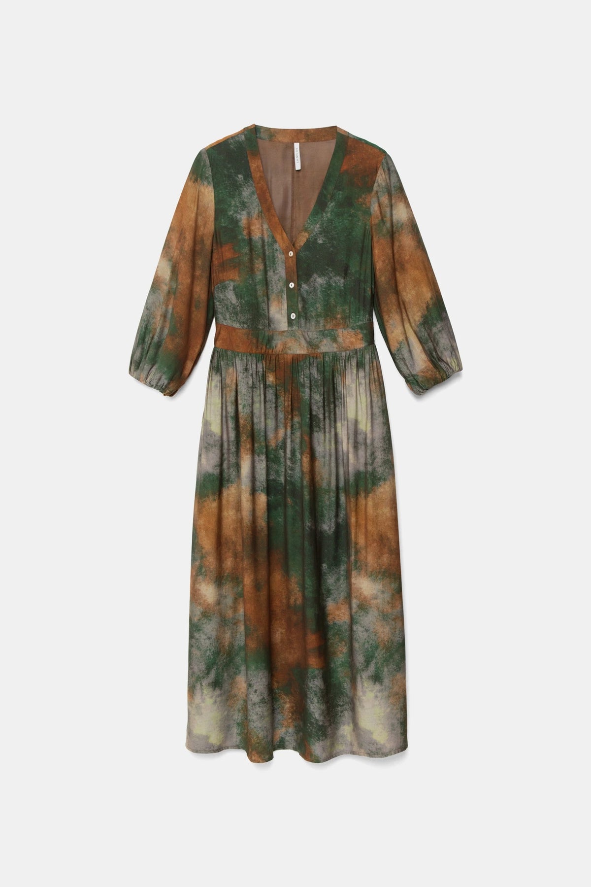 Green Tie-Dye Print Midi Dress with Balloon Sleeves