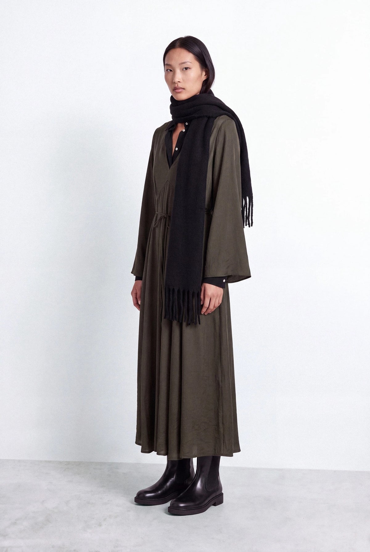 V-Neck Bell Sleeve Maxi Dress with Bow-Tie Belt