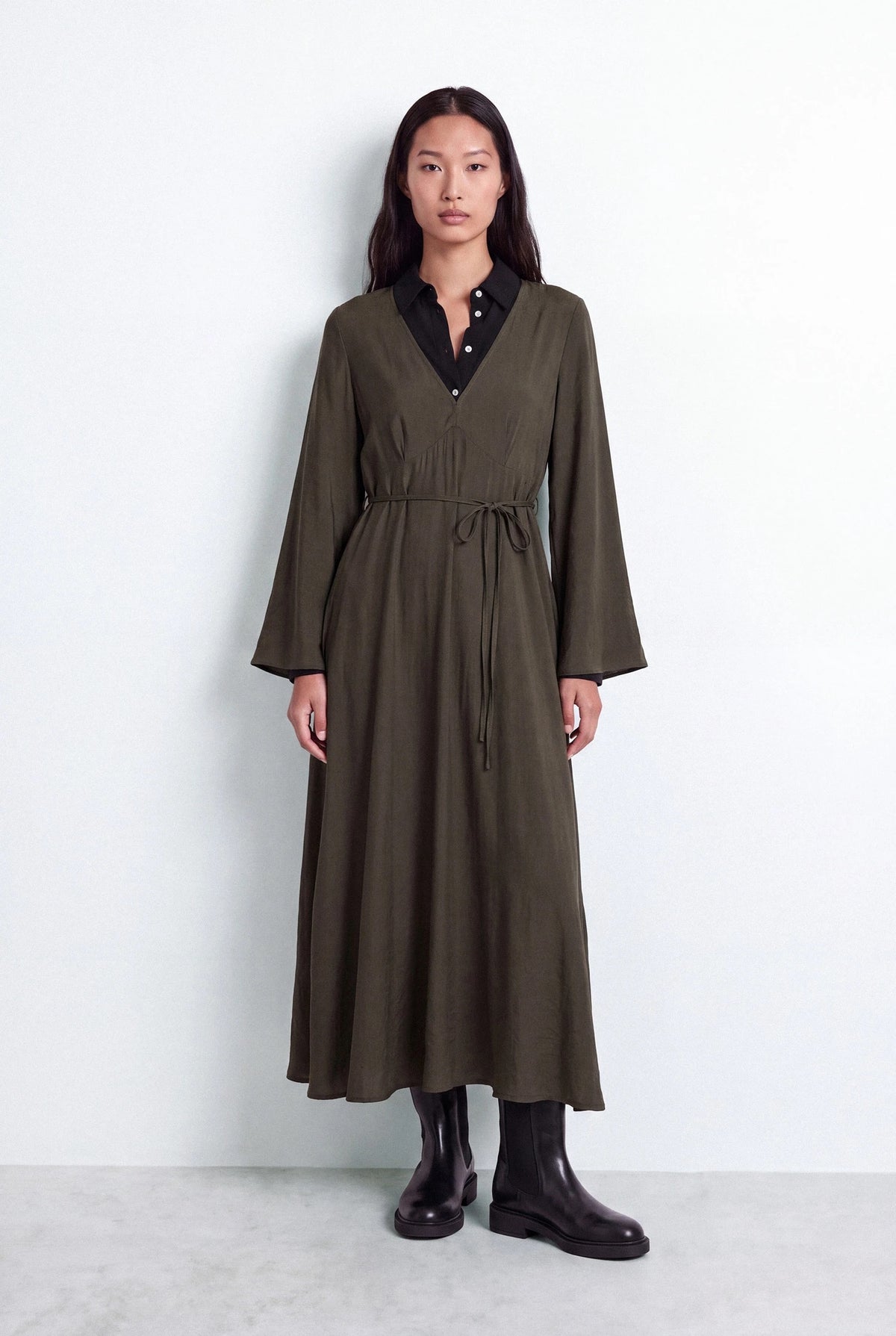 V-Neck Bell Sleeve Maxi Dress with Bow-Tie Belt